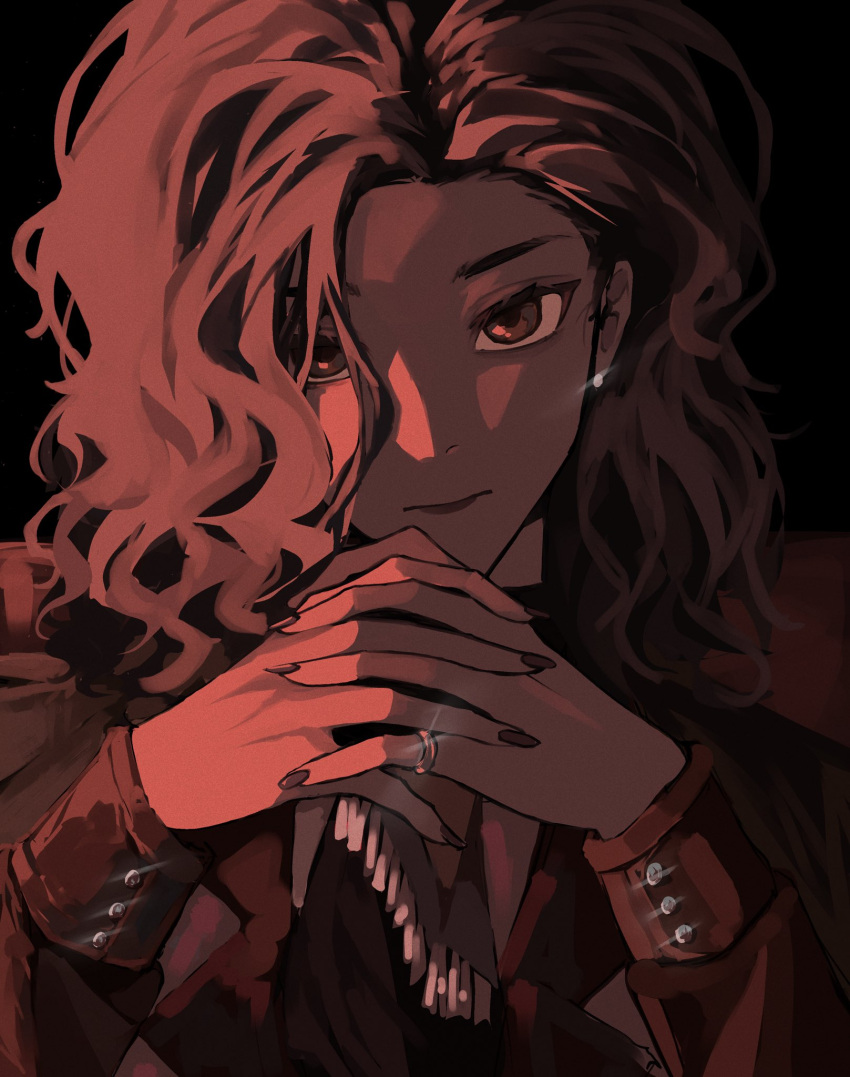1girl, black_background, closed_mouth, curly_hair, earrings, hands_up, highres, interlocked_fingers