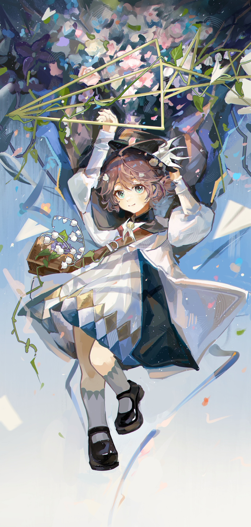 1girl, absurdres, arms_up, bag, black_cape, black_hat, black_shoes, blue_background