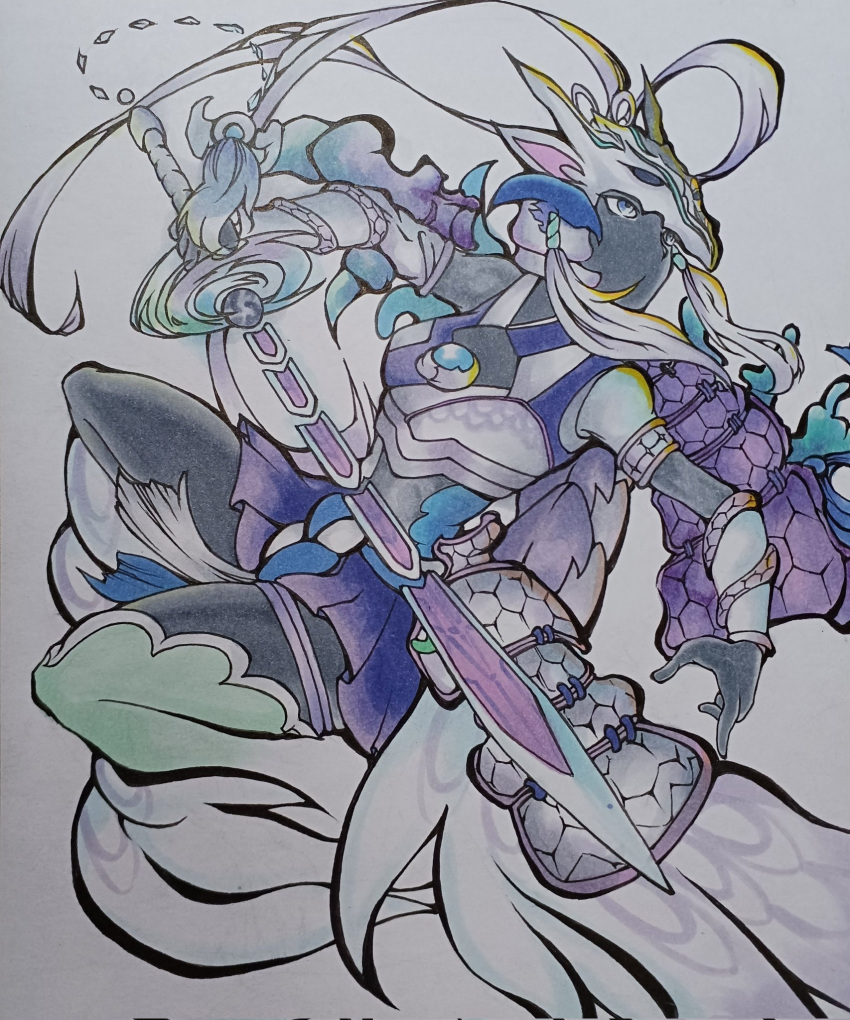 1girl, armor, bare_shoulders, black_gloves, blue_trim, bodysuit, colored_skin, dragon_horns