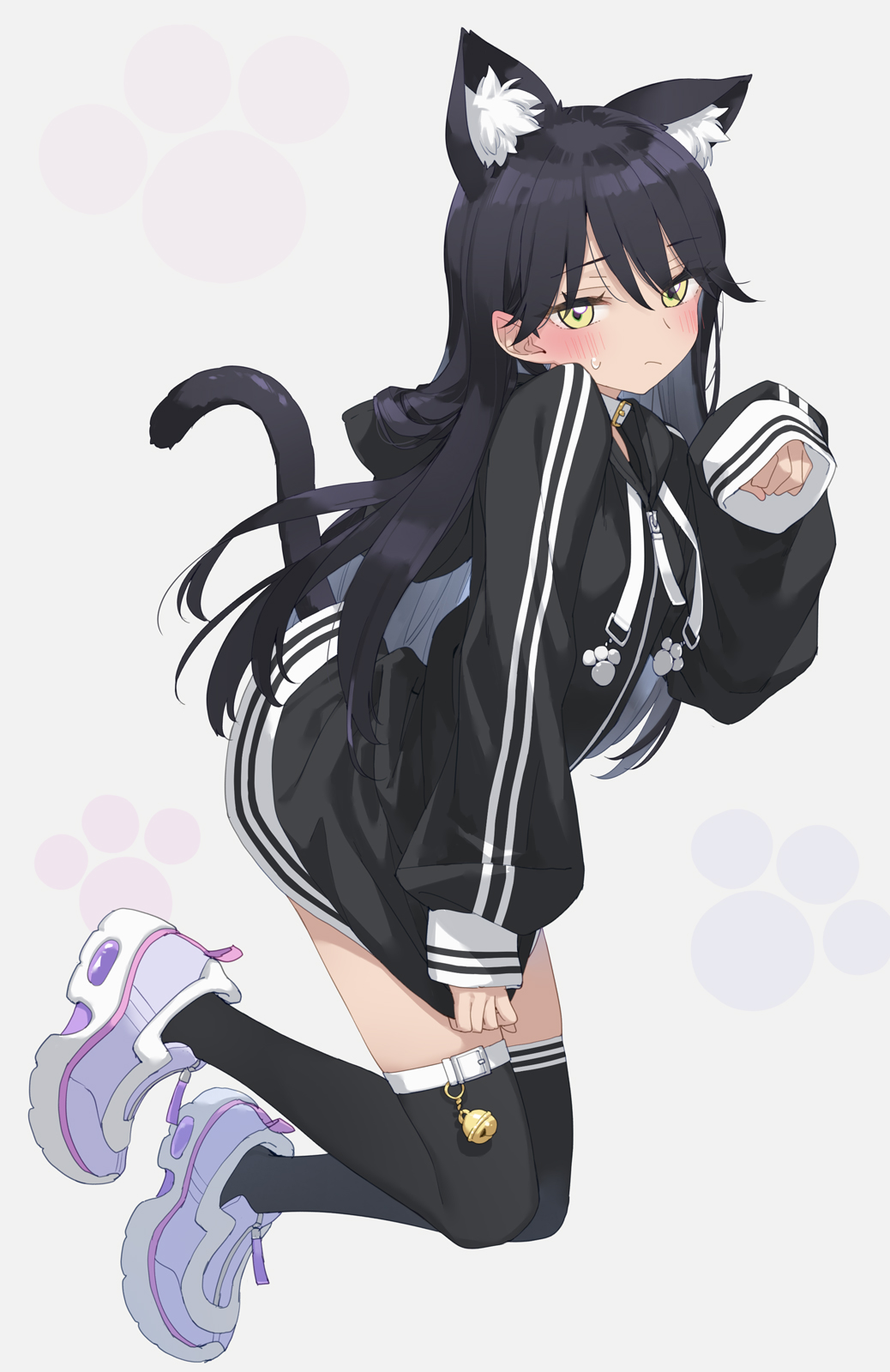 1girl, animal_ear_fluff, animal_ears, bell, black_hair, black_jacket, black_thighhighs, cat_ears, cat_girl, cat_tail, commentary_request, drawstring, full_body, grey_background, gundam, gundam_gquuuuuux, hand_up, highres, hood, hood_down, hooded_jacket, jacket, jingle_bell, kani_biimu, kemonomimi_mode, long_hair, long_sleeves, looking_at_viewer, nyaan_(gundam_gquuuuuux), paw_pose, puffy_long_sleeves, puffy_sleeves, purple_shoes, shoes, simple_background, sleeves_past_wrists, solo, tail, thigh-highs, very_long_hair, yellow_eyes