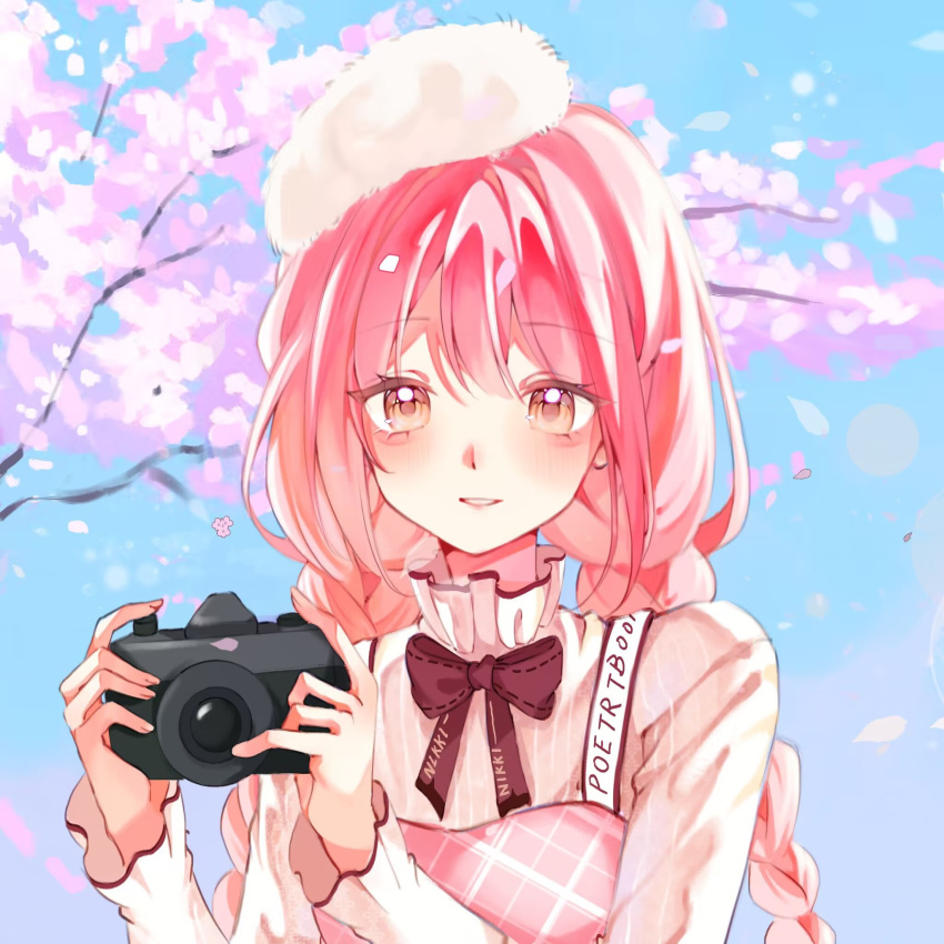 artist_request, beret, bloom_poetry_(shining_nikki), blue_sky, bow, bowtie, braid, brown_eyes, camera, character_name, cherry_blossoms, chinese_commentary, clothes_writing, collared_shirt, commentary_request, day, dot_nose, dress, eyelashes, falling_petals, fingernails, frilled_shirt_collar, frilled_sleeves, frills, fur_hat, hair_between_eyes, hat, high_collar, highres, holding, holding_camera, light_blush, lipstick, long_hair, long_sleeves, low_twin_braids, makeup, nikki_(nikki), nikki_(series), outdoors, parted_lips, petals, pinafore_dress, pink_dress, pink_hair, pink_lips, plaid_clothes, plaid_dress, red_bow, red_bowtie, ribbon-trimmed_bowtie, second-party_source, shining_nikki, shirt, sky, sleeveless, sleeveless_dress, smile, striped_clothes, striped_shirt, teeth, tree, twin_braids, vertical-striped_clothes, vertical-striped_shirt, very_long_hair, white_hat, white_shirt