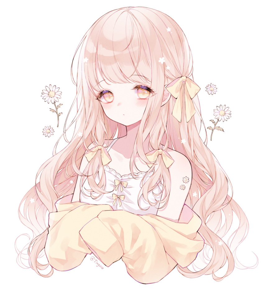 1girl, bare_shoulders, bow, brown_hair, camisole, commentary_request, cropped_torso, daisy_(flower)