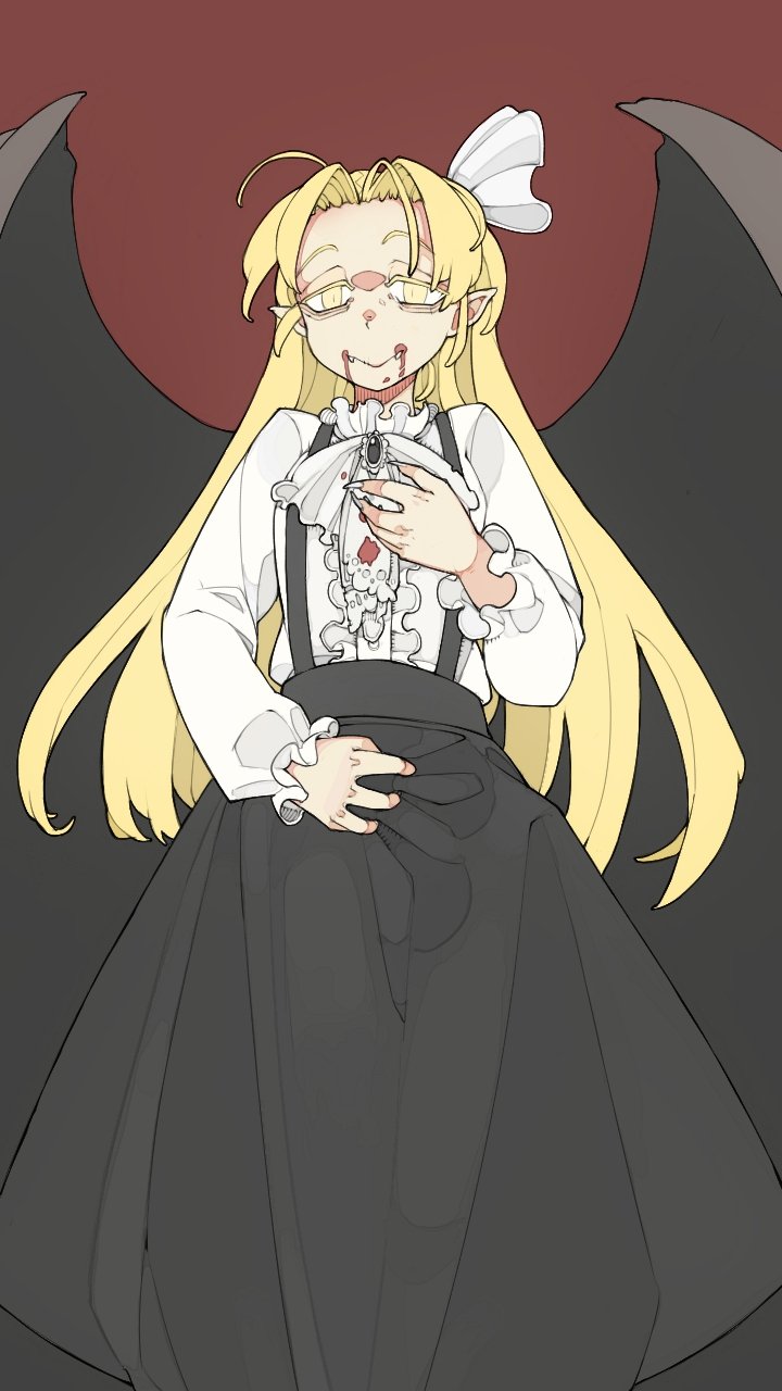 1girl, bat_wings, black_skirt, blonde_hair, blood, blood_from_mouth, blood_on_clothes, bolos