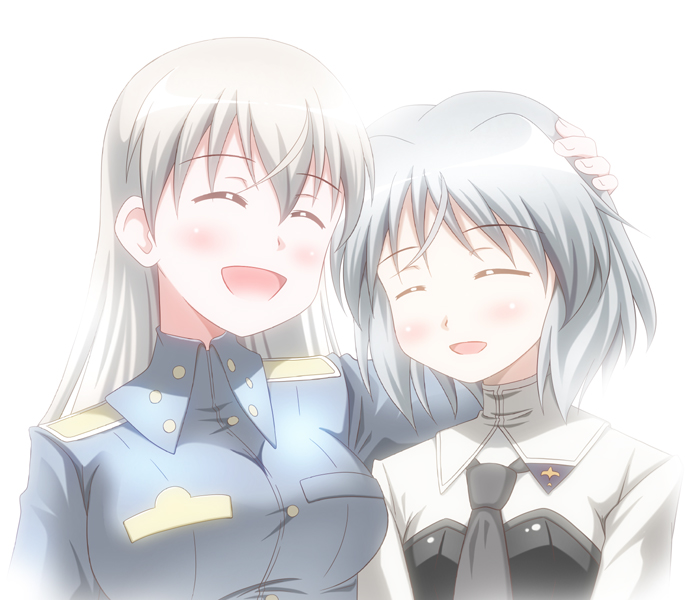 blush, closed_eyes, eila_ilmatar_juutilainen, eyes_closed, hand_on_head, hiro_yoshinaka, long_hair, military