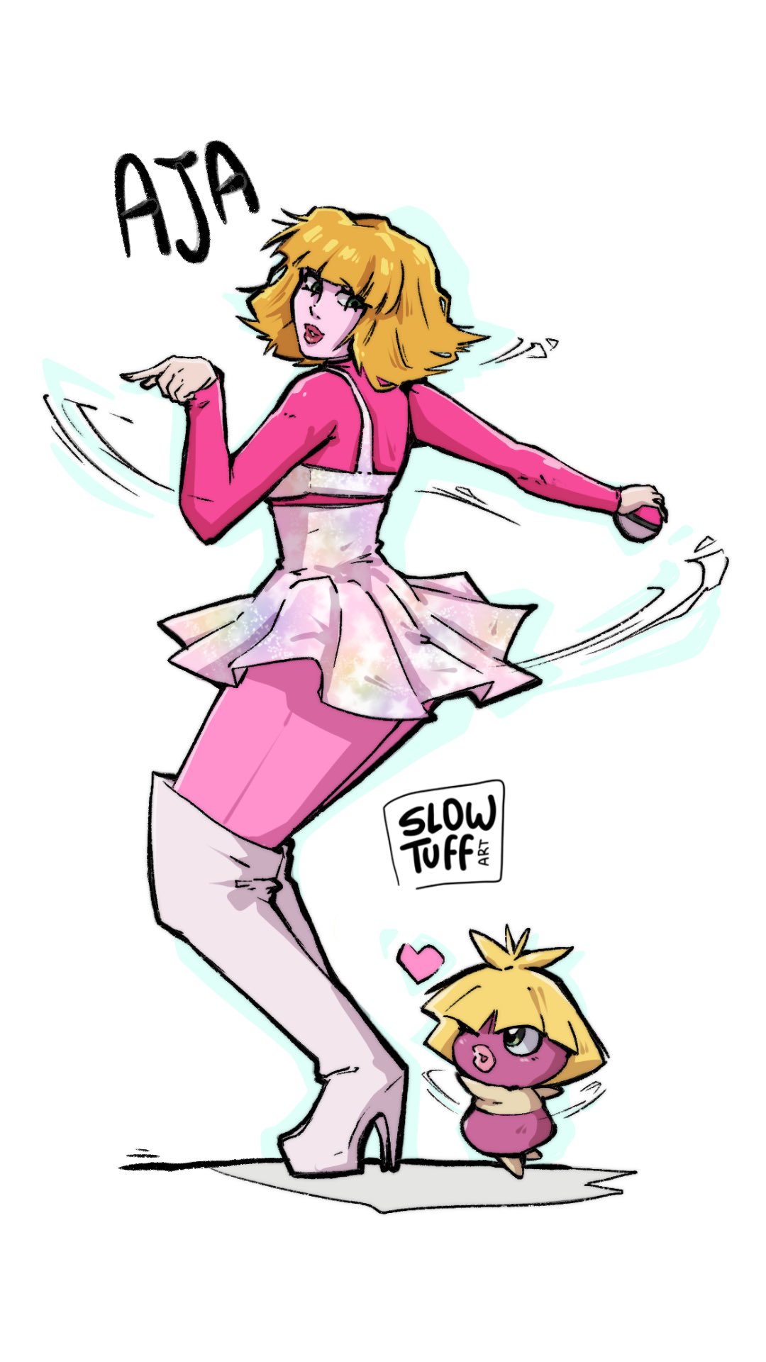 1girl, artist_name, blonde_hair, boots, commentary_request, full_body, green_eyes, heart, high_heel_boots, high_heels, highres, pants, pink_boots, pink_pants, pink_shirt, pink_skirt, pokemon, pokemon_(creature), portuguese_commentary, rupaul's_drag_race, shirt, simple_background, skirt, slowtuffart, smoochum, standing, thigh_boots, white_background