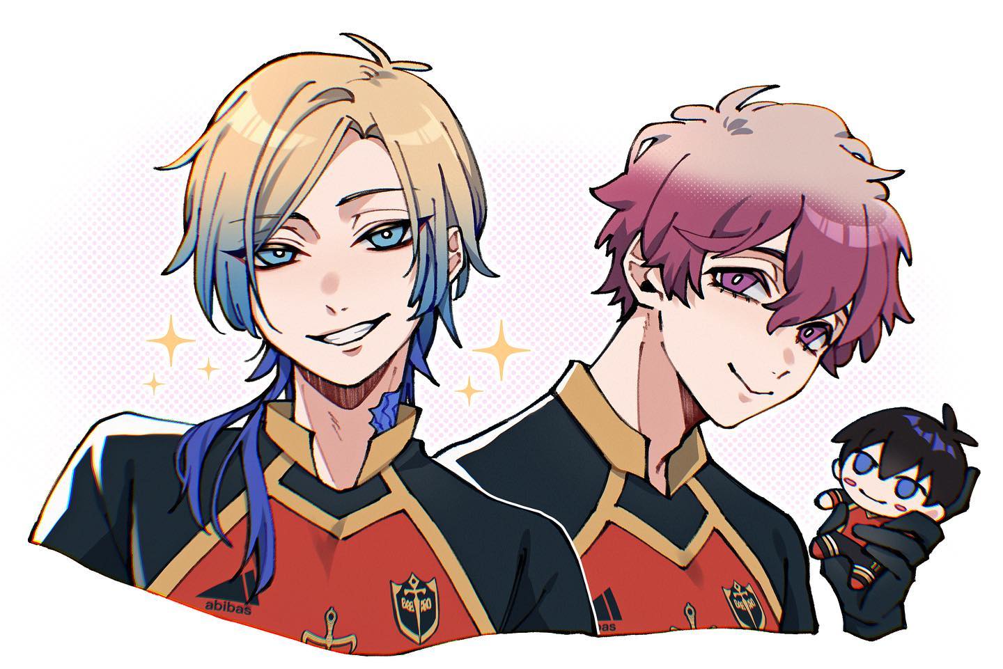 2boys, alexis_ness, black_gloves, blonde_hair, blue_eyes, blue_hair, blue_lock, character_doll, commentary, doll, english_commentary, gloves, gradient_hair, grin, isagi_yoichi, keksimuru, male_focus, medium_hair, michael_kaiser, multicolored_hair, multiple_boys, red_eyes, red_hair, smile, soccer_uniform, sparkle, sportswear