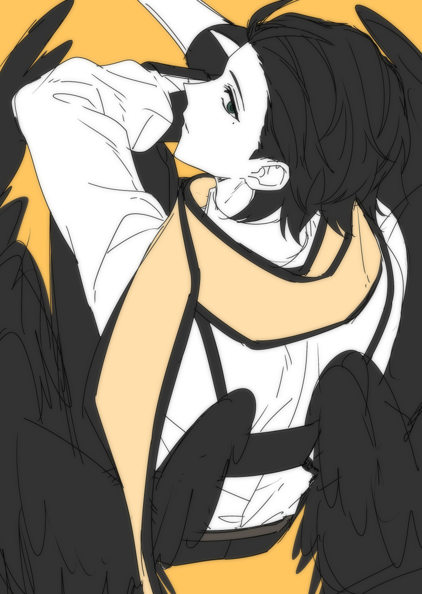 1boy, absurdres, aircon11, black_hair, black_pants, black_trim, black_wings, commentary