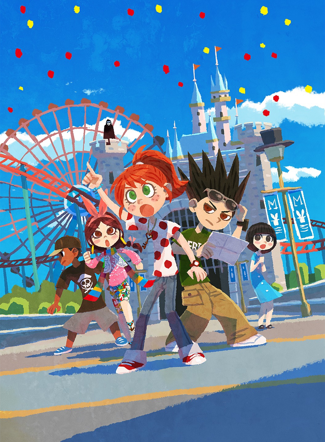 1other, 2boys, 3girls, ambiguous_gender, amusement_park, aqua_dress, aqua_sleeves, arch