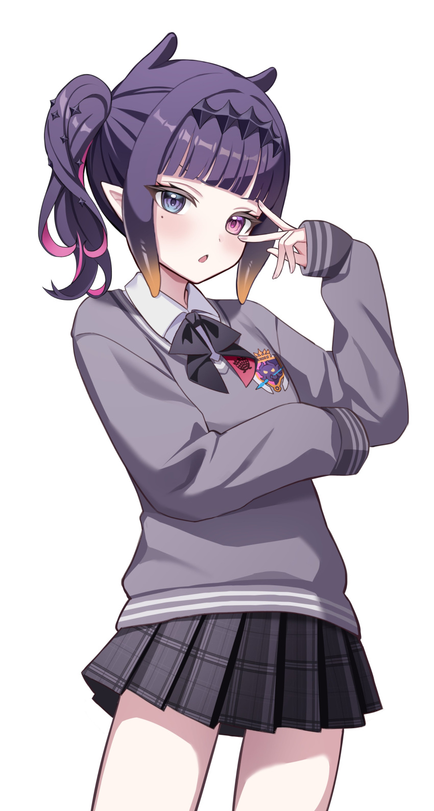 1girl, absurdres, black_ribbon, black_skirt, blue_eyes, colored_inner_hair, cowboy_shot, grey_sweater, hand_up, heterochromia, highres, hololive, hololive_english, looking_at_viewer, medium_hair, miniskirt, multicolored_hair, neck_ribbon, ninomae_ina'nis, ninomae_ina'nis_(school_uniform), noraneco117, pink_eyes, pink_hair, plaid_clothes, plaid_skirt, pleated_skirt, ribbon, shirt, side_ponytail, simple_background, single_sleeve_past_fingers, single_sleeve_past_wrist, skirt, solo, sweater, v, v-neck, v_over_eye, virtual_youtuber, white_background, white_shirt