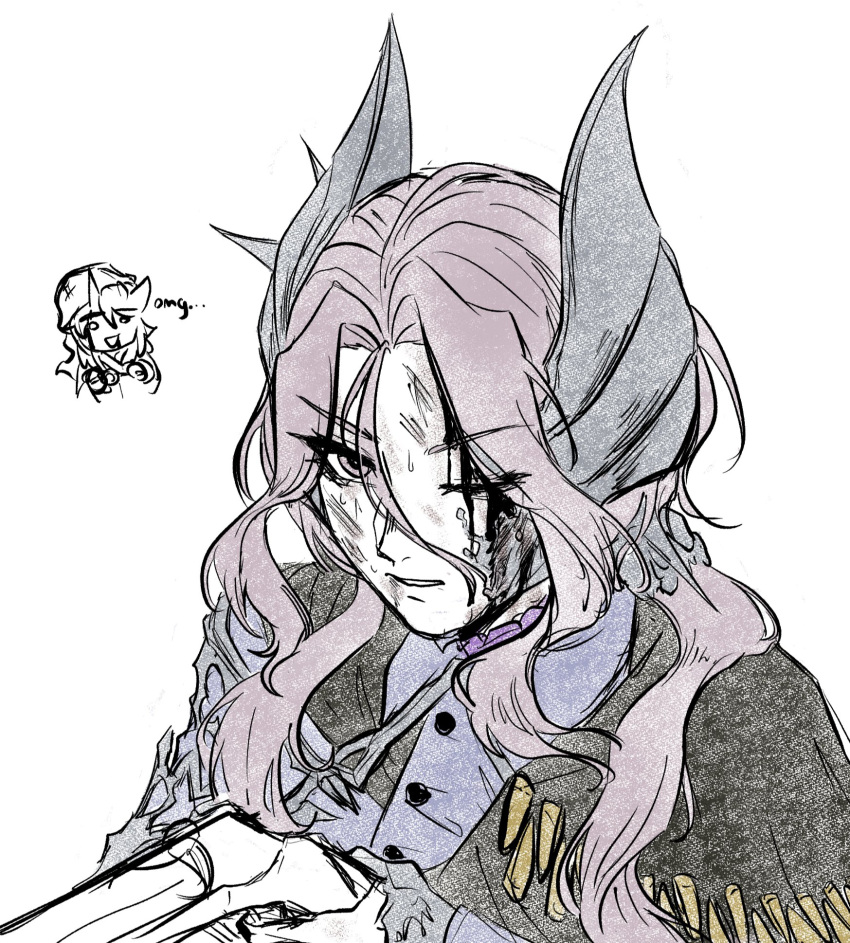 1girl, black_cape, blue_jacket, cape, chibi, chibi_inset, dirty, dirty_face