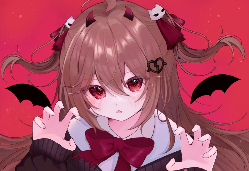 1girl, ahoge, black_cardigan, black_wings, blush, bow, bowtie, broken_heart