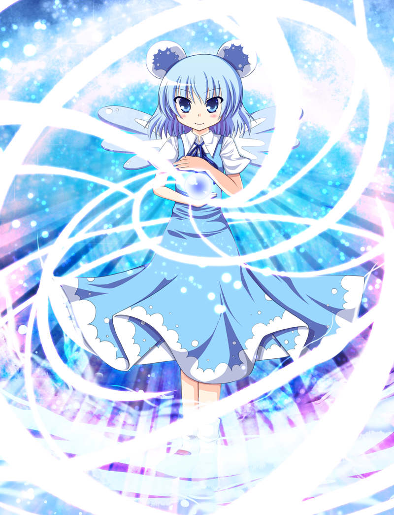alternate_color, alternate_element, bad_id, blue_dress, blue_eyes, blue_hair, blush, cirno