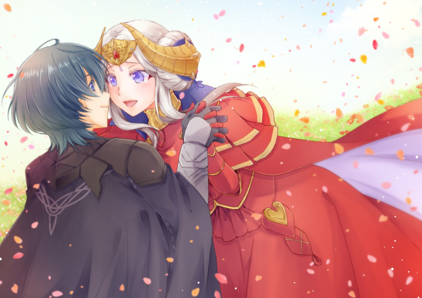 1boy, 1girl, :d, armored_gloves, black_cape, black_gloves, blue_eyes, cape