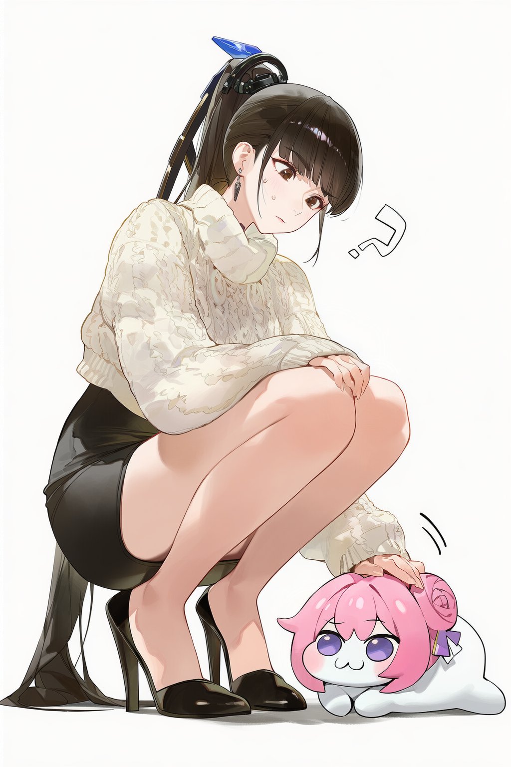 1girl, :3, ?, ai-generated, alternate_costume, black_hair, brown_eyes, creature, doro_(nikke), drowsy_sheep, eve_(stellar_blade), flower-shaped_hair, goddess_of_victory:_nikke, high_heels, highres, holding, holding_creature, meme, pink_hair, ponytail, purple_ribbon, ribbon, shiny_eyes, stellar_blade, sweatdrop, sweater