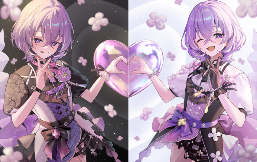 1boy, :p, absurdres, belt, black_bow, black_gloves, bow, bracelet, brooch, cowboy_shot, ensemble_stars!, gloves, hair_between_eyes, hanamura_fuyume, heart, heart_hands, heart_hands_duo, highres, jewelry, light_particles, looking_at_viewer, male_focus, medium_hair, multiple_views, one_eye_closed, pearl_bracelet, puffy_short_sleeves, puffy_sleeves, purple_belt, purple_bow, purple_hair, short_sleeves, tongue, tongue_out, v, violet_eyes, yoshio_tachi