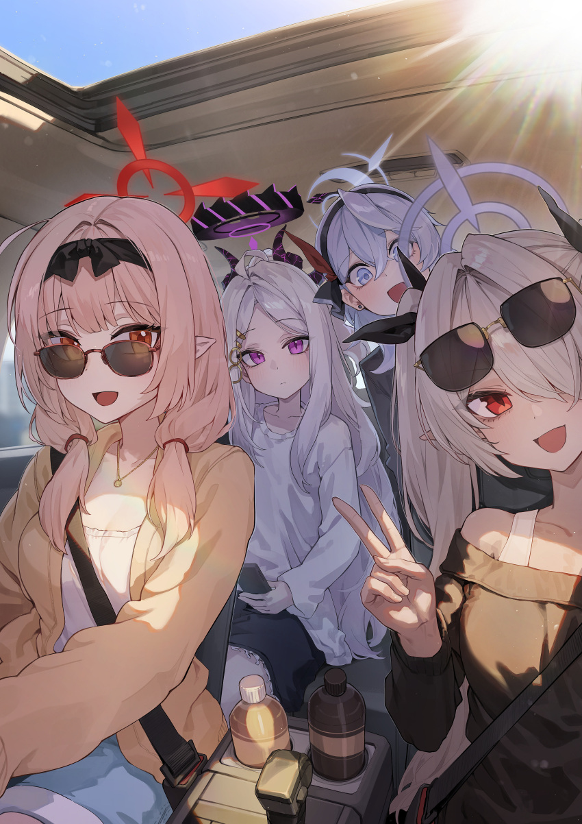 4girls, absurdres, ako_(blue_archive), alternate_costume, black_hairband, black_ribbon, black_shirt, black_skirt, blonde_hair, blue_archive, blue_eyes, blue_hair, car_interior, chinatsu_(blue_archive), collarbone, dark-skinned_female, dark_skin, demon_horns, diamond-shaped_pupils, diamond_(shape), earrings, eyewear_on_head, forehead, gold_necklace, grey_hair, hair_ribbon, hairband, halo, head_tilt, highres, hina_(blue_archive), horns, iori_(blue_archive), jacket, jewelry, kokukyukeo, multiple_girls, necklace, open_mouth, parted_bangs, pointy_ears, prefect_team_(blue_archive), red_eyes, ribbon, seatbelt, shirt, skirt, slit_pupils, smile, sunglasses, sunroof, symbol-shaped_pupils, v, violet_eyes, white_shirt, yellow_jacket