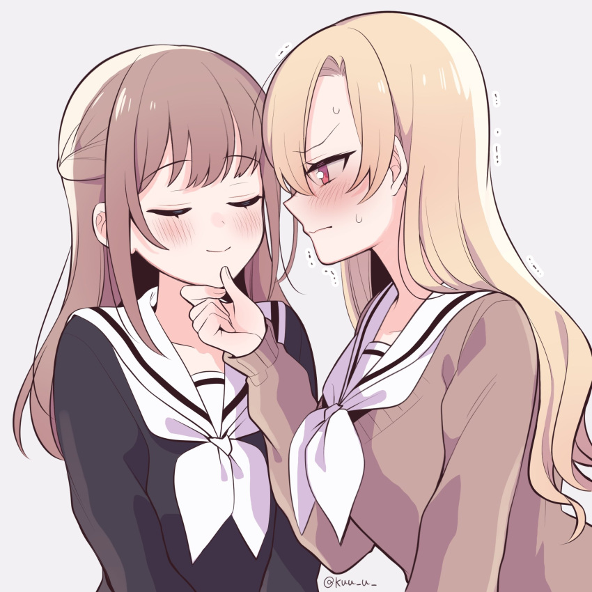 2girls, black_serafuku, blonde_hair, blush, brown_hair, brown_sweater, closed_mouth, half-closed_eyes, hand_on_another's_chin, highres, hiyama_yurina, kimura_honoka, kuu_(abc823), long_hair, long_sleeves, looking_at_another, multiple_girls, neckerchief, nervous, pink_eyes, school_uniform, serafuku, shoujo_manga_shujinkou_x_rival-san, smile, sweatdrop, sweater, trembling, twitter_username, wavy_mouth, white_background, white_neckerchief, yuri