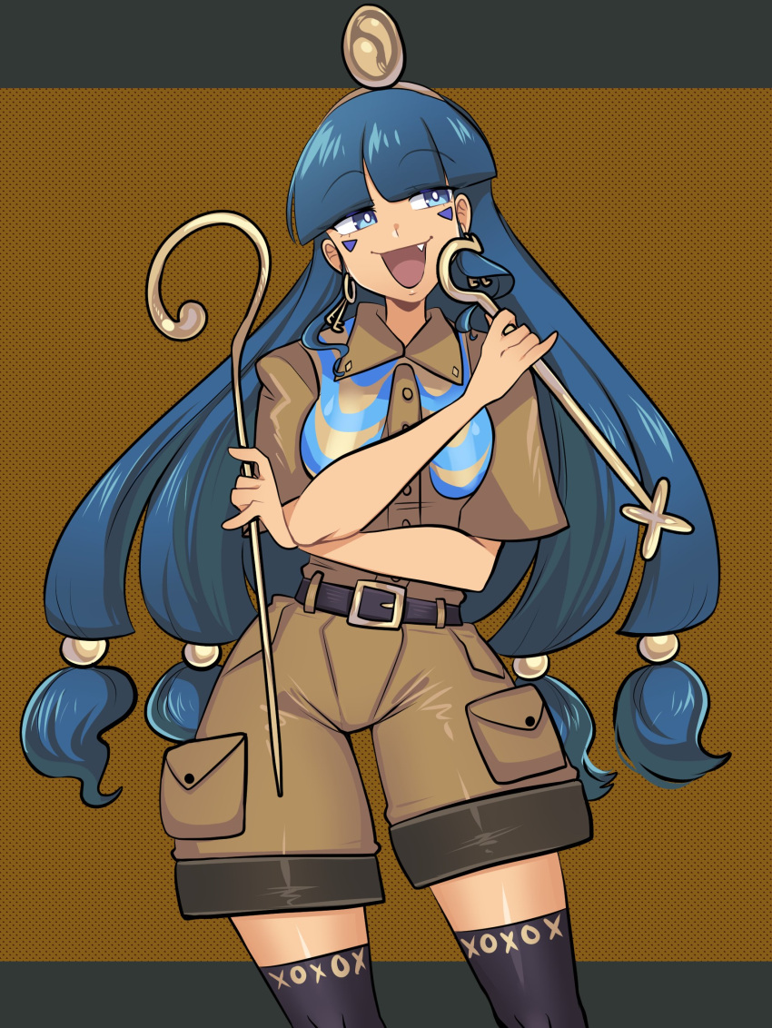 absurdres, blue_eyes, blue_hair, blunt_bangs, brown_shirt, brown_shorts, cowboy_shot, earrings