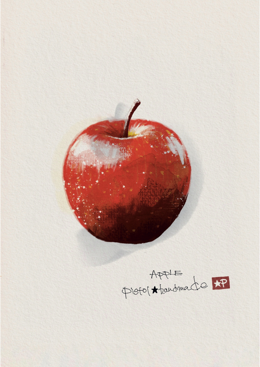 apple, artist_name, commentary, english_text, food, food_focus, food_name, fruit, highres, no_humans, original, painterly, pistol_handmade_(artist), simple_background, white_background