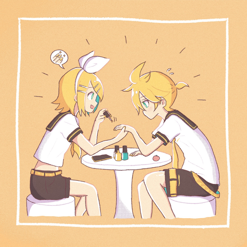 1boy, 1girl, ahoge, applying_manicure, aqua_eyes, belt, black_sailor_collar, black_shorts