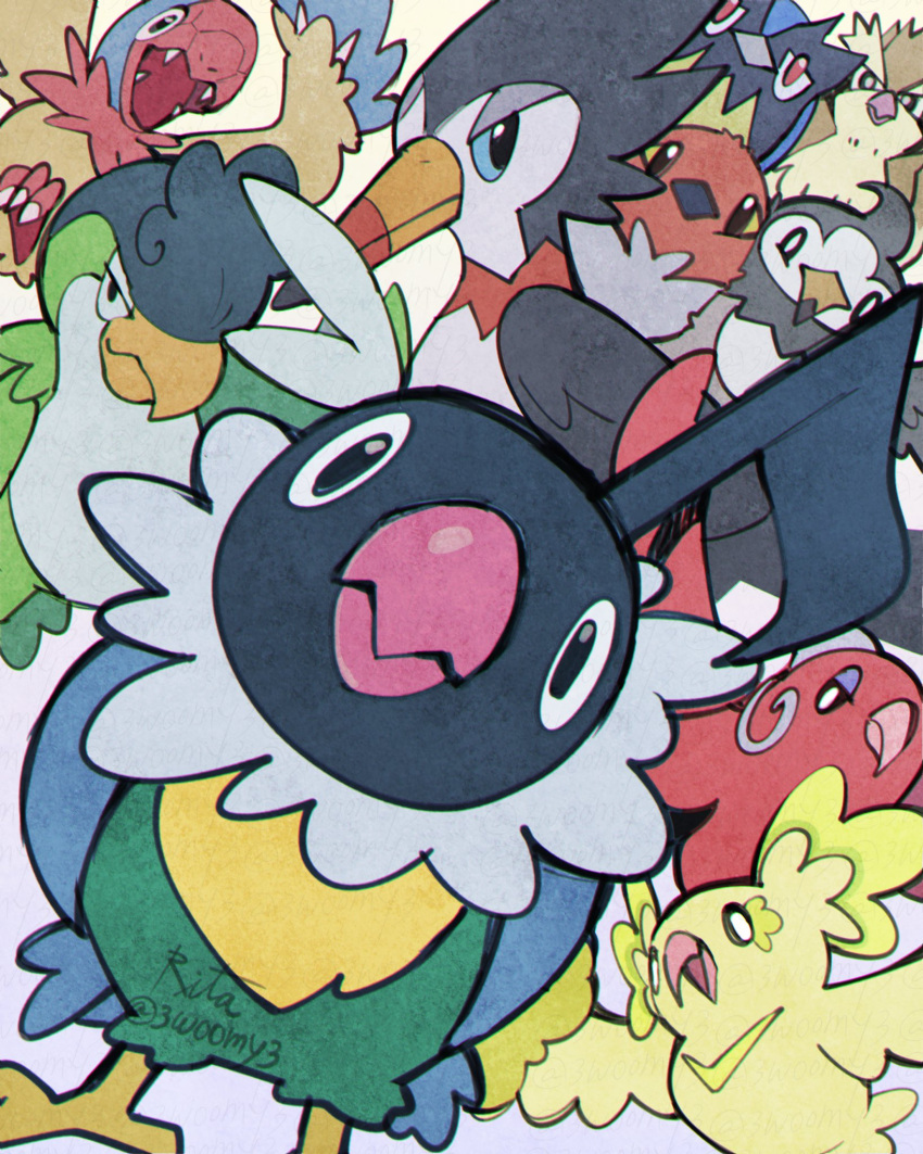 3woomy3, archen, artist_name, beak, bird, chatot, everyone, fletchling, highres, looking_at_viewer, no_humans, oricorio, oricorio_(baile), oricorio_(pom-pom), pidgey, pokemon, pokemon_(creature), rookidee, signature, squawkabilly, squawkabilly_(green), starly, trumbeak