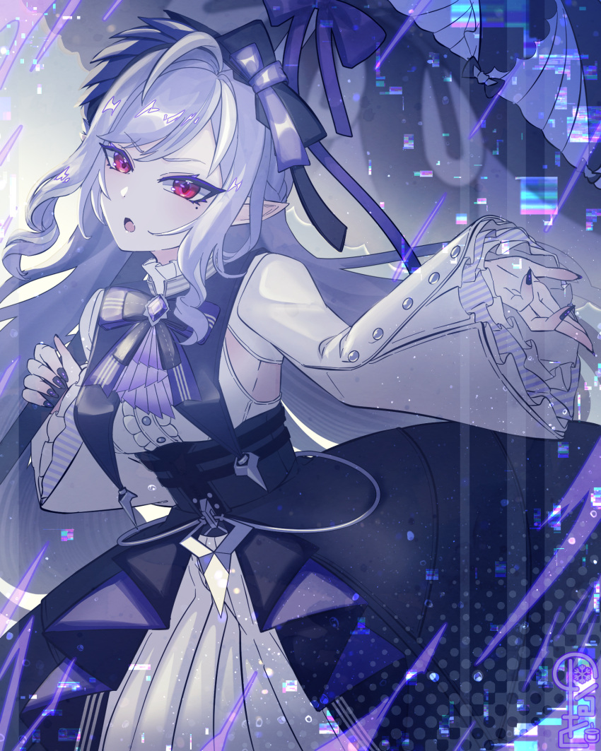 1girl, ahoge, ascot, black_nails, bow, bowtie, center_frills, cowboy_shot