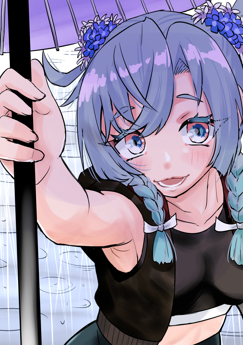 1girl, black_shirt, black_vest, blue_eyes, blue_hair, braid, highres, hood