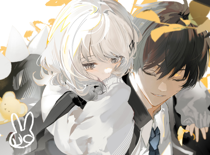 1boy, 1girl, absurdres, black_hair, black_necktie, cardigan, carrying, closed_eyes