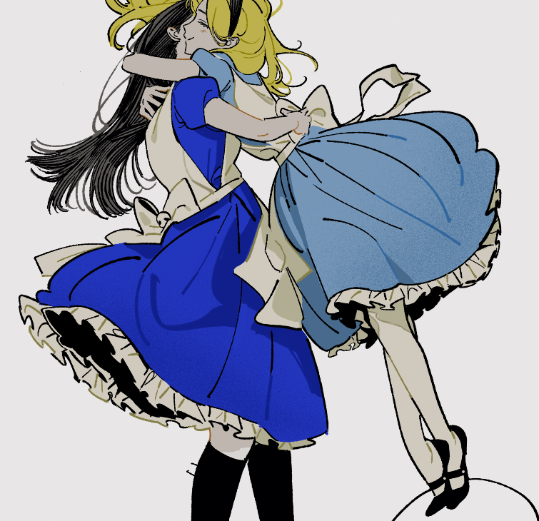 2girls, alice_(disney), alice_in_wonderland_(disney), alice_liddell_(american_mcgee's_alice), american_mcgee's_alice, apron, arms_around_neck, arms_around_waist