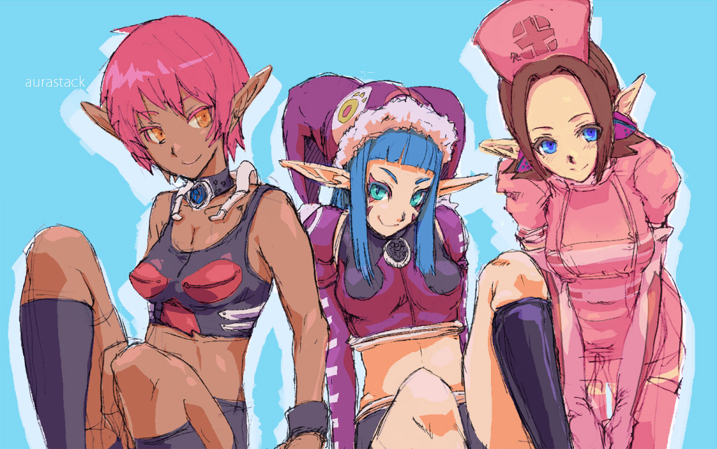 3girls, blue_background, blue_eyes, blue_hair, brown_hair, facepaint, fonewearl, green_eyes
