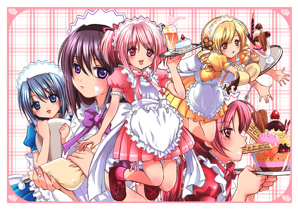 akemi_homura, alternate_costume, alternate_hairstyle, apron, black_hair, blonde_hair, blue_eyes, blue_hair, cake, derivative_work, drill_hair, eating, enmaided, food, food_on_face, ice_cream, kaname_madoka, littlelily, mahou_shoujo_madoka_magica, maid, maid_headdress, miki_sayaka, multiple_girls, pink_hair, purple_eyes, sakura_kyouko, tokyo_mew_mew, tomoe_mami, twin_drills, twintails, violet_eyes, yellow_eyes