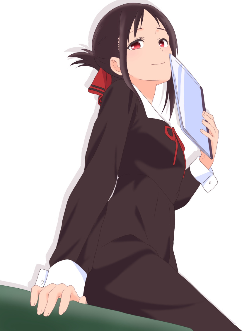 1girl, black_dress, black_hair, breasts, closed_mouth, commentary, dress, folded_ponytail