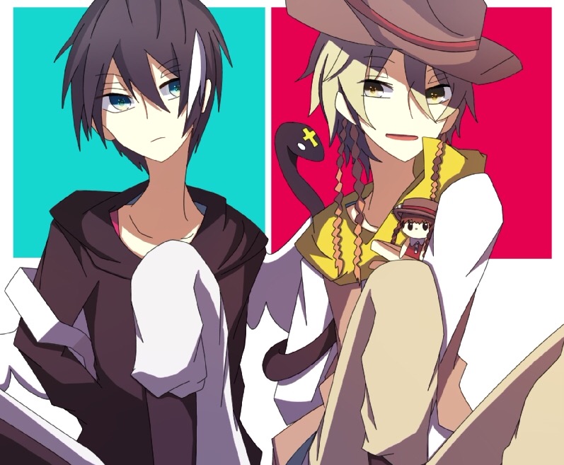 2boys, alicein_mikuni, backpack, bag, black_hair, blonde_hair, blue_eyes, braid, cowboy_hat, doll, doubt_doubt, doubt_doubt_(snake_form), hat, licht_jekylland_todoroki, mi2457, multicolored_hair, multiple_boys, pants, scarf, servamp, short_hair, side_braid, snake, two-tone_hair, white_hair, white_pants, yellow_eyes, yellow_scarf