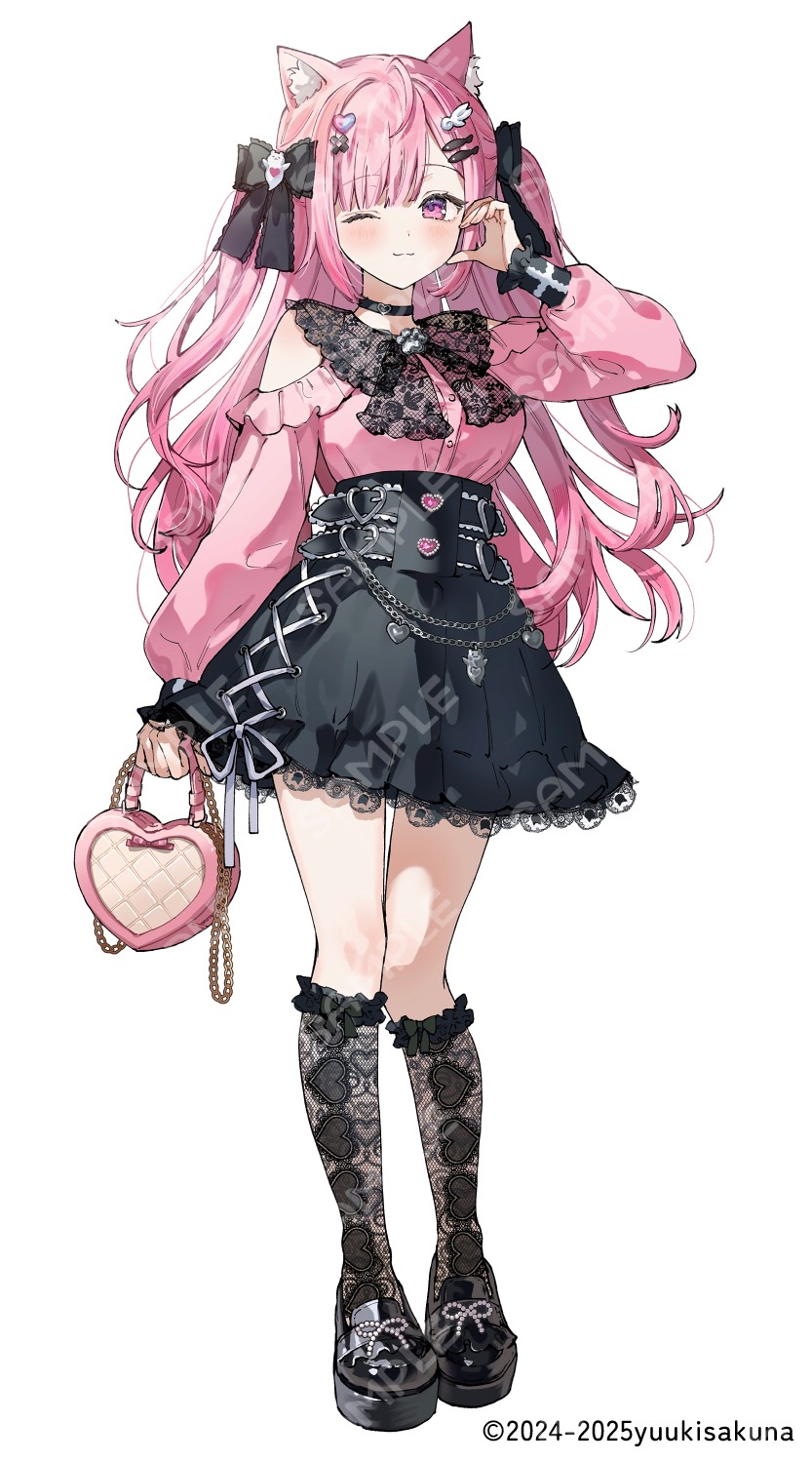1girl, ;3, alternate_costume, animal_ear_fluff, animal_ears, bag, bandaid, bandaid_hair_ornament