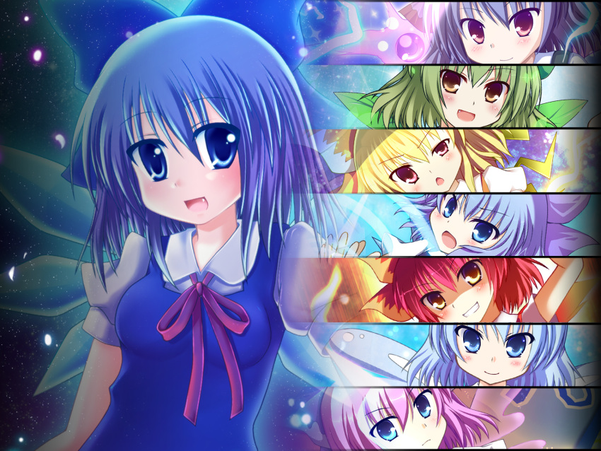 6+girls, achi_cirno, alternate_color, alternate_element, blush, bow, cirno, dress