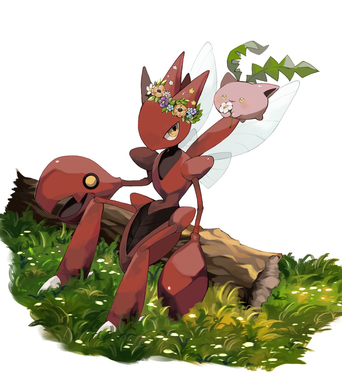 flower, flower_wreath, grass, highres, holding, holding_flower, hoppip, log