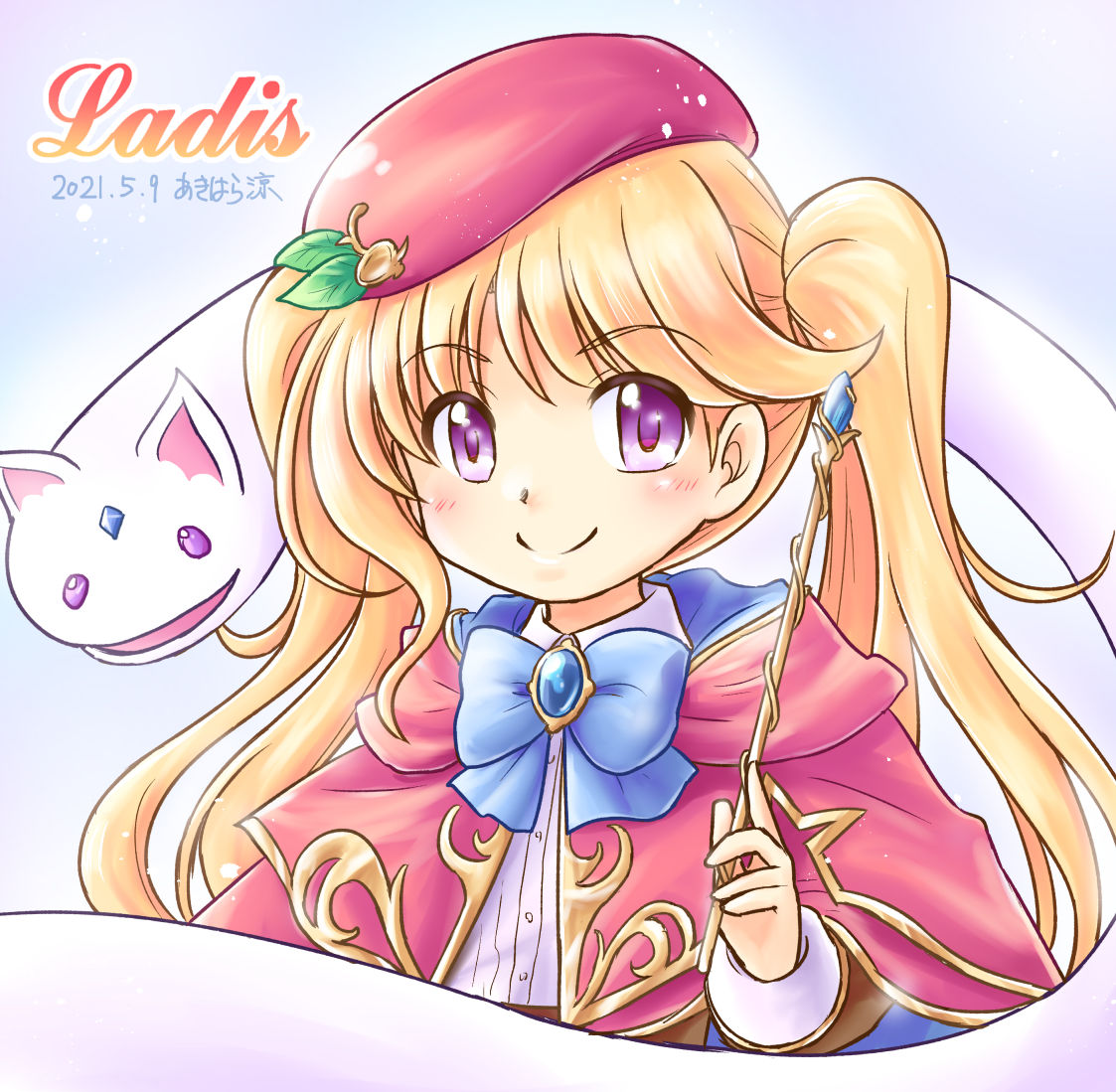 1girl, akihara_ryou, artist_name, beret, blonde_hair, cape, character_name, dated