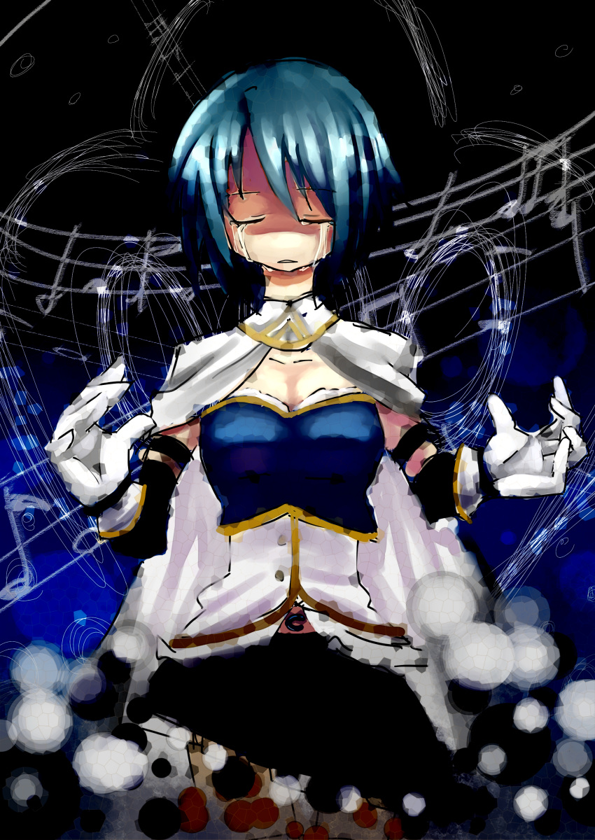 absurdres, blue_hair, cape, closed_eyes, eyes_closed, gloves, highres, magical_girl, mahou_shoujo_madoka_magica, mei_(jewel_at_time), miki_sayaka, musical_note, solo, tears