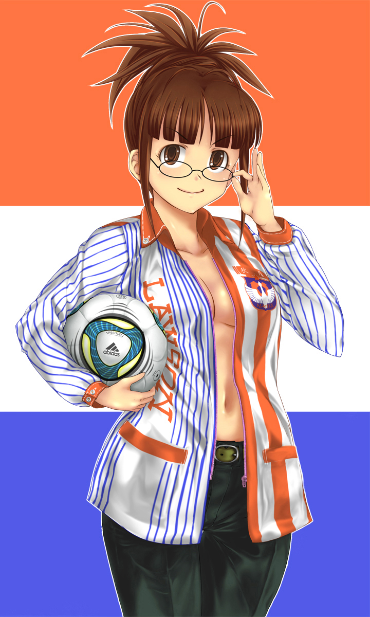 adjusting_glasses, akizuki_ritsuko, albirex_niigata, ball, brown_eyes, brown_hair, glasses, highres