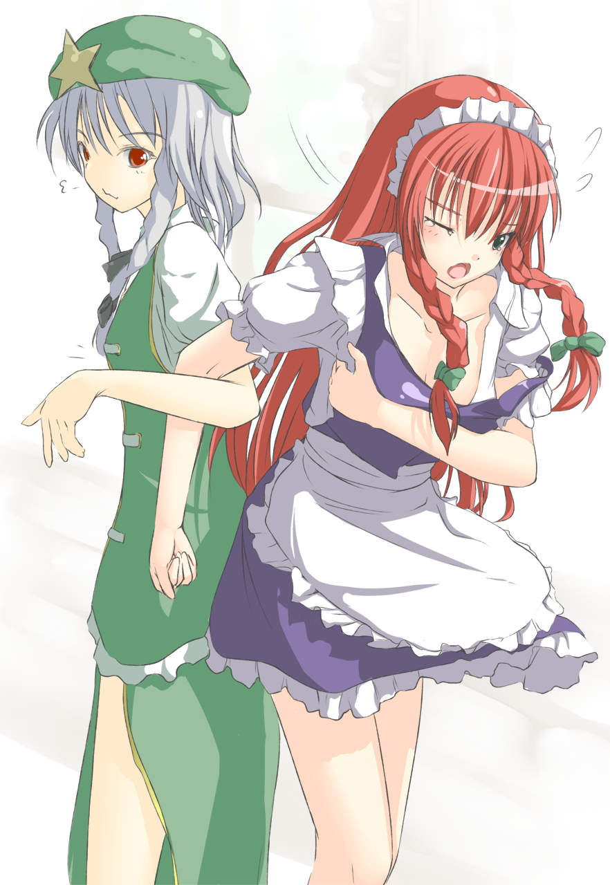 alternate_costume, blue_eyes, braid, cosplay, costume_switch, enmaided, highres, hong_meiling