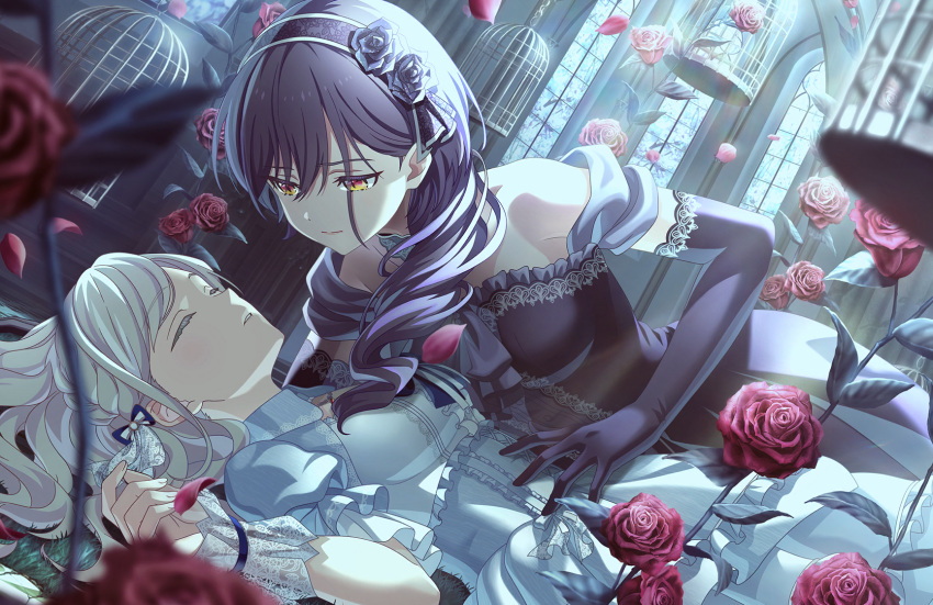 2girls, bare_shoulders, birdcage, black_dress, black_flower, black_gloves, black_hairband, black_rose