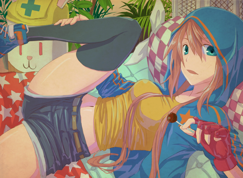 bedroom, candy, checkered, fingerless_gloves, gloves, green_eyes, hood, kaeru314