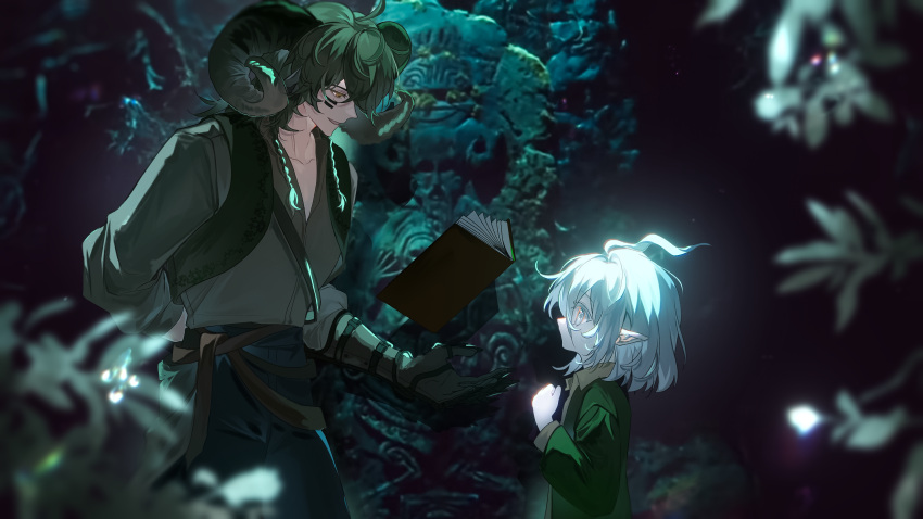 2boys, age_difference, aged_down, ahoge, androgynous, arm_behind_back, backlighting, black_horns, black_pants, blue_eyes, blue_hair, blurry, blurry_foreground, book, braid, brown_eyes, cheek_tattoo, child, chinese_commentary, collared_shirt, colored_eyelashes, commentary_request, cowboy_shot, curled_horns, elbow_gloves, eye_contact, face-to-face, floating, floating_object, gatling_pea_(plants_vs_zombies), gloves, green_hair, green_jacket, grey_gloves, grey_shirt, grin, height_difference, high-waist_pants, highres, horns, jacket, looking_at_another, male_focus, medium_hair, multiple_boys, no_mouth, open_clothes, open_jacket, outdoors, pale_skin, pants, personification, photo_background, plant, plants_vs._zombies, plants_vs._zombies_2, pointy_ears, profile, shadow_peashooter_(plants_vs_zombies), shirt, shirt_tucked_in, siiiiiiiiiii, smile, standing, tattoo, twin_braids, upper_body