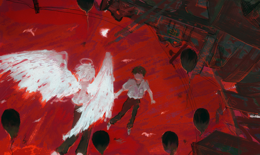 2boys, abstract, angel_wings, balloon, black_pants, brown_hair, brush_stroke, building, faux_traditional_media, halo, highres, hj_hikari0606, ikari_shinji, impressionism, multiple_boys, nagisa_kaworu, neon_genesis_evangelion, pants, perspective, power_lines, red_sky, red_theme, shirt, short_hair, sky, surreal, upside-down, white_hair, white_shirt, white_wings, wings