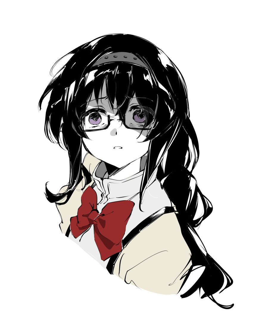 1girl, akemi_homura, black_hair, bow, bowtie, commentary, glasses, highres