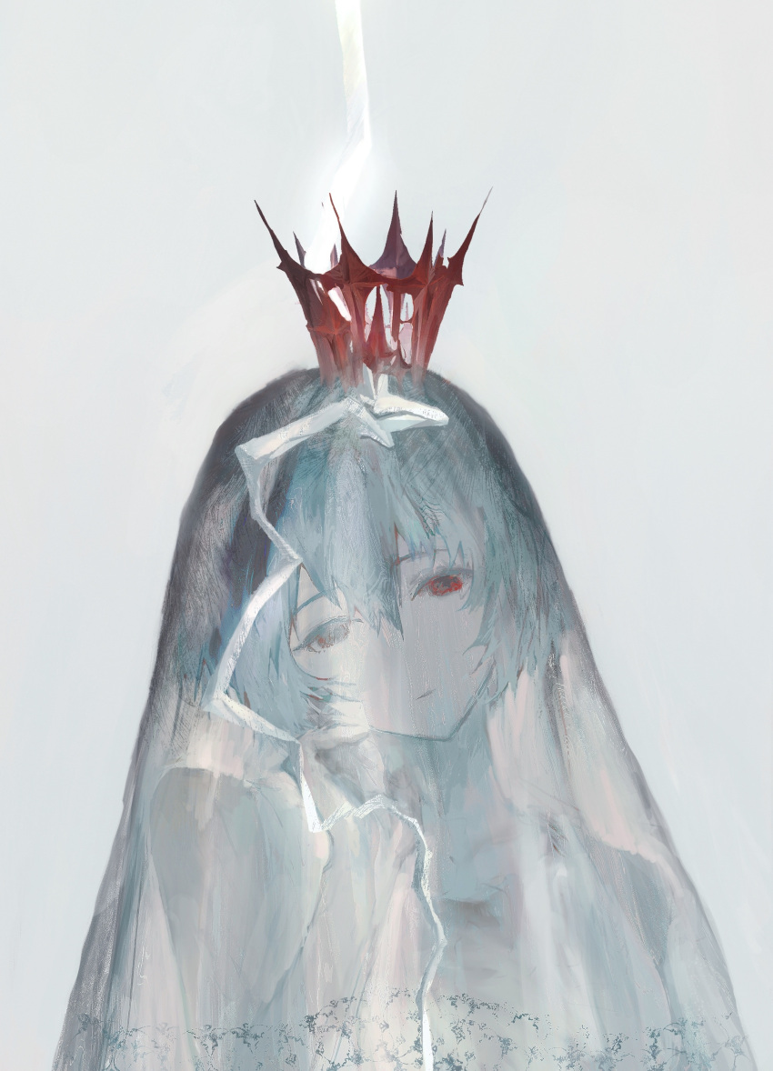 1girl, absurdres, ayanami_rei, blue_hair, crown, expressionless, hand_on_own_cheek, hand_on_own_face