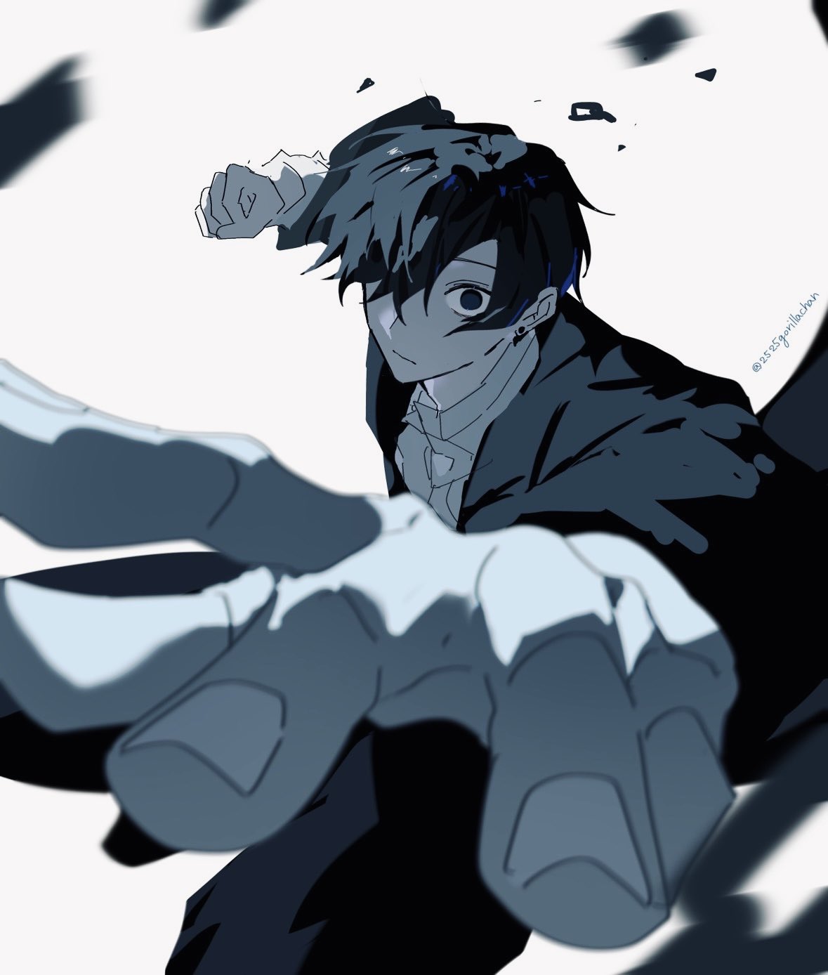 1boy, azami_soushirou, black_hair, clenched_hand, closed_mouth, collared_shirt, ear_piercing, earrings