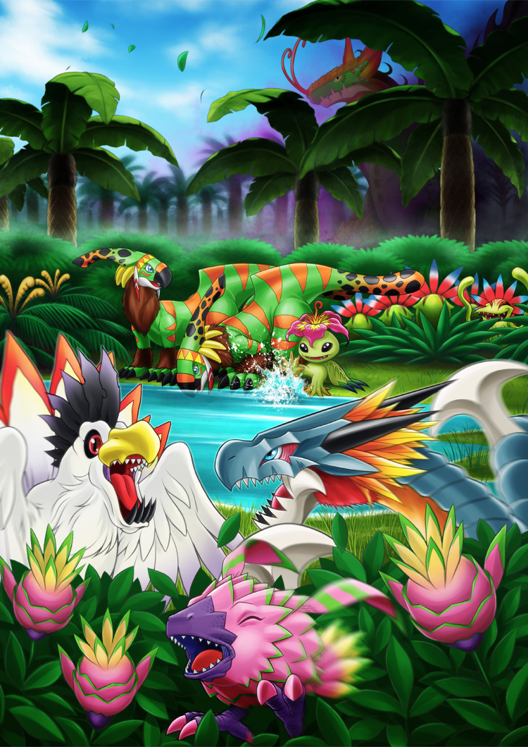 cockatrimon, commentary_request, diatrymon, digimon, digimon_(creature), dinosaur, forest, jungle