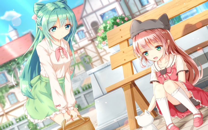 2girls, animal_ear_headwear, bag, bike_shorts, breasts, brown_hair, cat, cecile_leica_engel_berglund