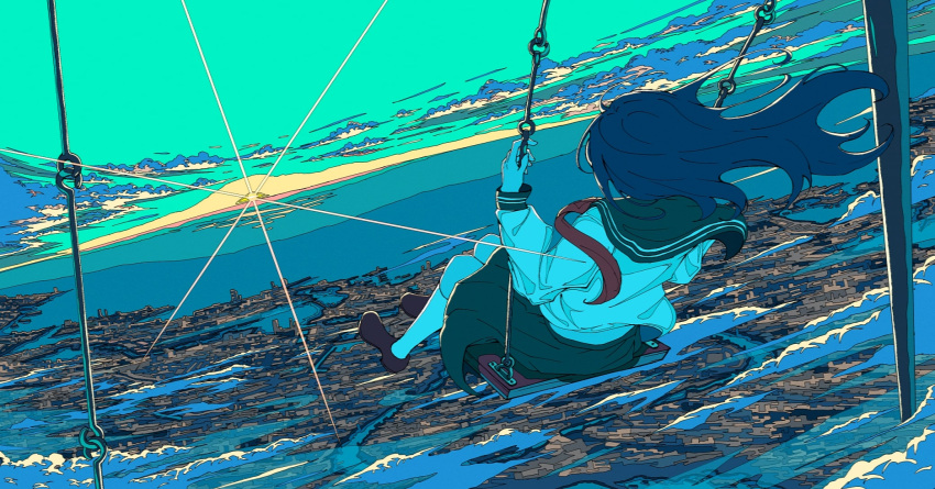 1girl, above_clouds, artdroiiid_ii, black_sailor_collar, black_skirt, blue_sky, brown_shoes, cityscape